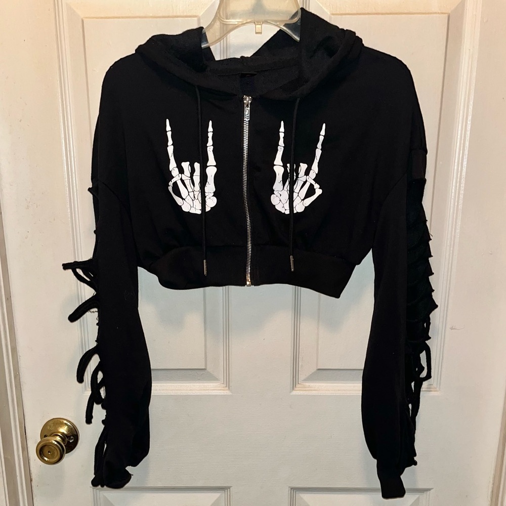 ROMWE Long Sleeve Full Front Zipper Skeleton Hands Crop Hoodie Jacket. Sz S.